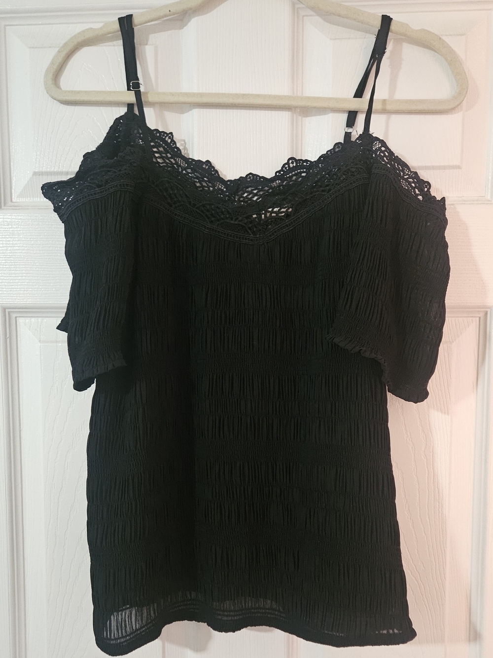 Black Lace-Trim Smocked Cold-Shoulder Camisole